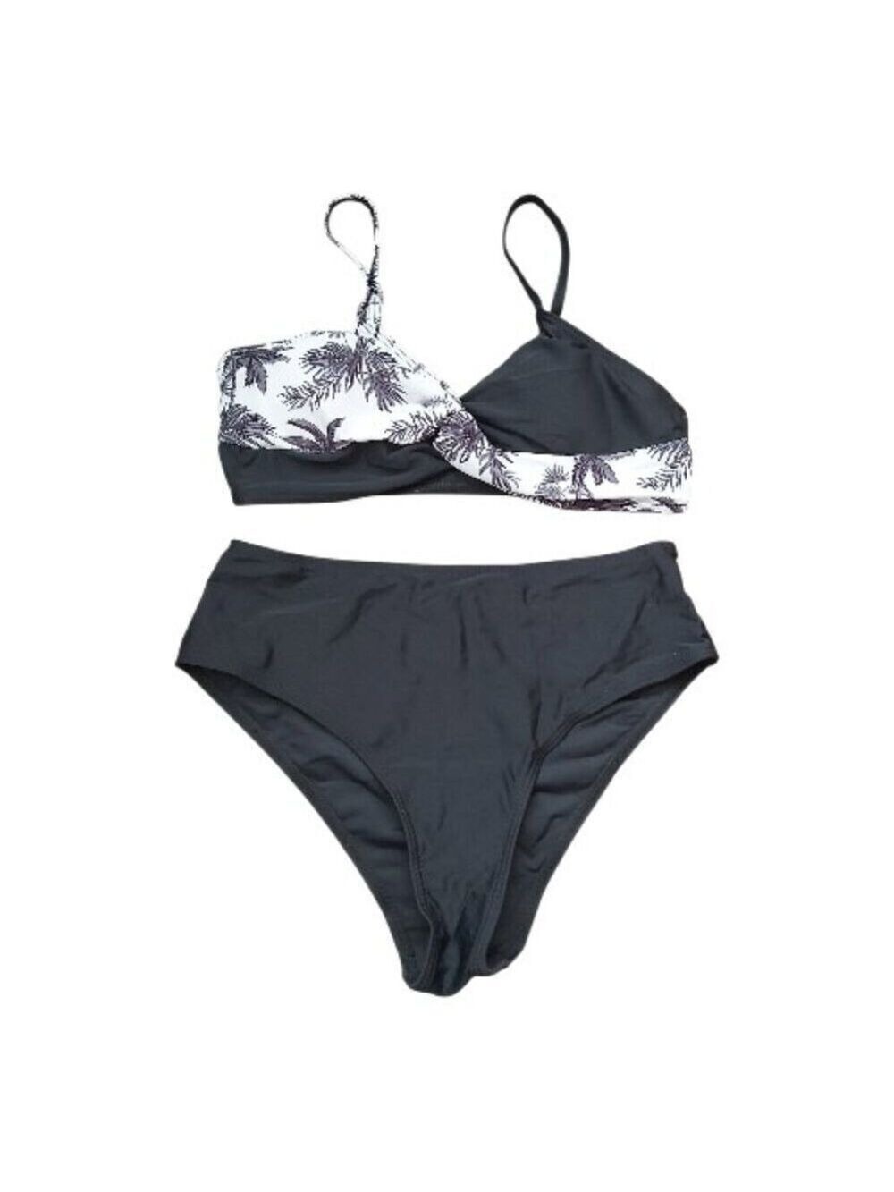 Girls 12-14 Bikini Set Black White Palm Tree Print 2 Piece Swimsuit Built In Bra
